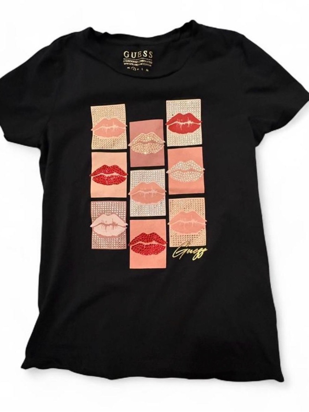 Guess Black Graphic Tee with Bling Pink & Red Lip Motif Sz S